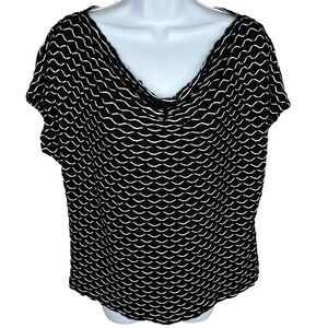 M Dana Buchman Black & White Short Sleeve Blouse Stretch Cowl Neckline 8 10